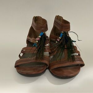 Brown Sandals with Beaded Accents and peacock feather detail